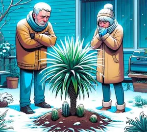 Older Couple in their yard is worrying about their palm tree in cold weather