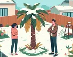 Young couple mulling over what to do because their palm tree was hit by an unexpected snowstorm.