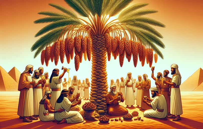 Ancient Egyptians gather around a date palm tree to drink of their drink of life.