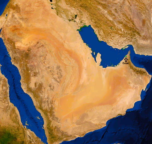 Satellite map of the Arabian peninsula and desert, locating Dubai
