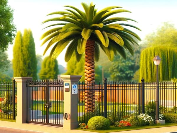 Palm tree in a fenced yard surrounded by other plants Palm tree in a fenced yard surrounded by other plants
