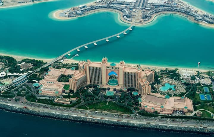 Overhead view of the Palm Jumeirah Monorail Bridge to the outer ring