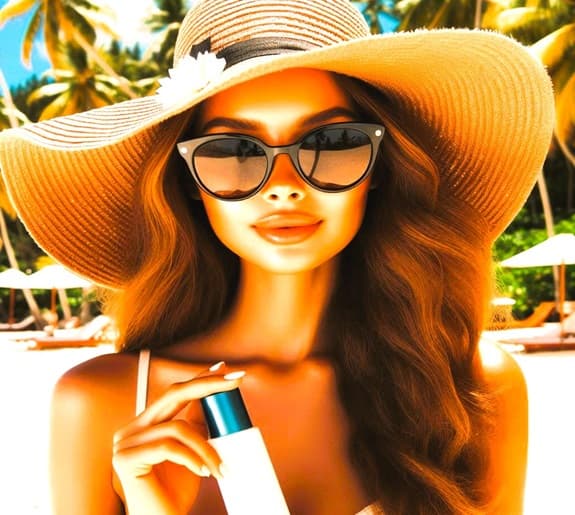 woman wearing a large sunhat and sunglasses with sunscreen lotion to be ready for a day at the beach. woman wearing a large sunhat and sunglasses with sunscreen lotion to be ready for a day at the beach.