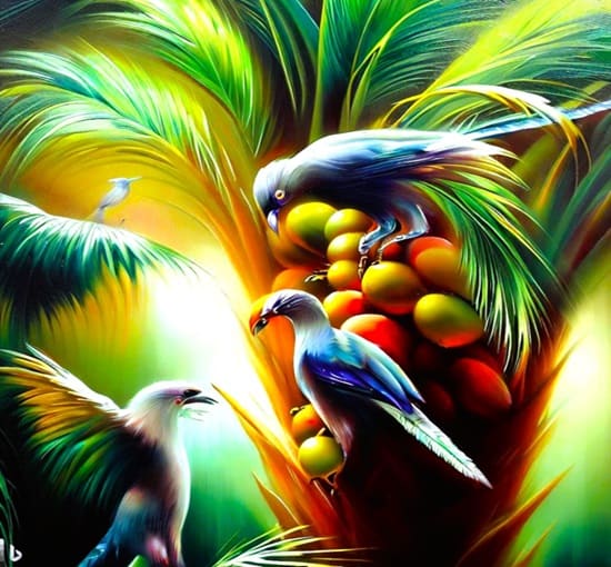several birds sampling the taste of fruit of a palm tree