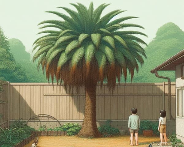 Two Young People concerned about Brown Leaf  Tips On Backyard Palm Tree Two Young People concerned about Brown Leaf  Tips On Backyard Palm Tree