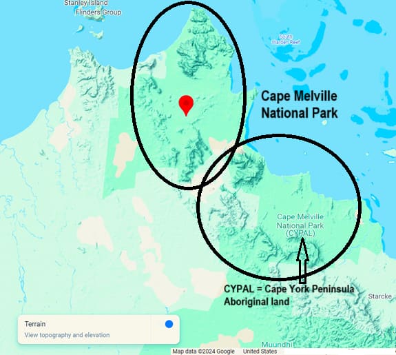 Map to show location of Cape Melville National Park and York Peninsula Aboriginal lands. Also showing elevated areas. Map to show location of Cape Melville National Park and York Peninsula Aboriginal lands. Also showing elevated areas.