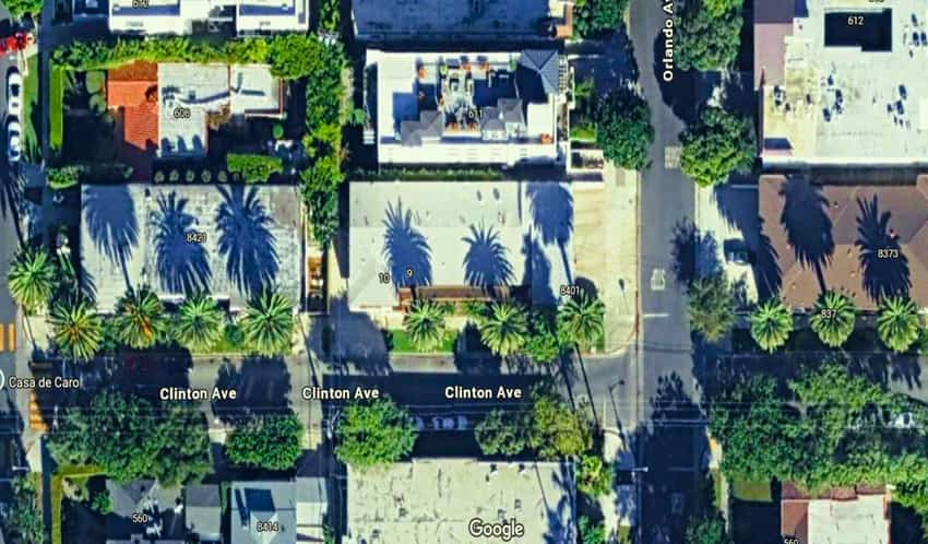 Overhead view of the palm lined street on Clinton Ave in Hollywood Overhead view of the palm lined street on Clinton Ave in Hollywood