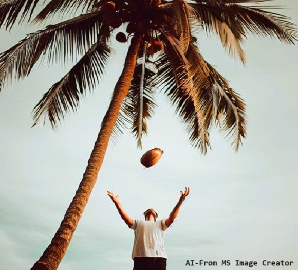 man stands beneath a Coconut Palm trying to catch the coconut as it is falling man stands beneath a Coconut Palm trying to catch the coconut as it is falling