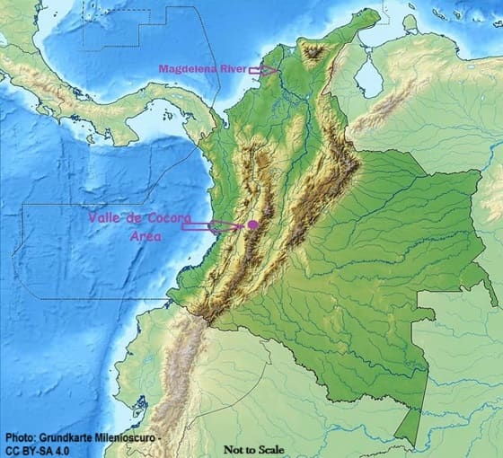 Relief map to locate Valle de Cocora in Columbia