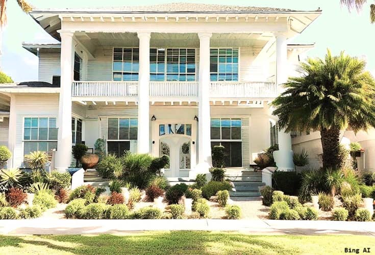 two story home with two columns and a palm tree surrounded by other plants