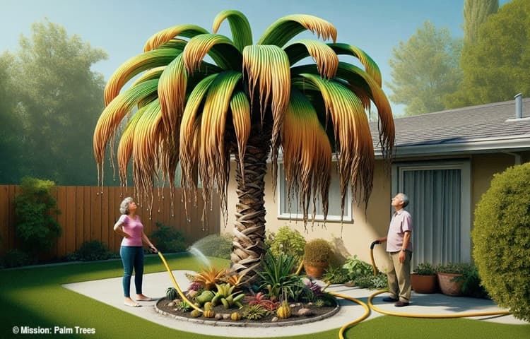couple looking up at their palm tree which looks to be distressed