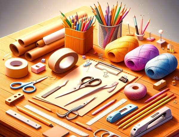 table with many assorted supplies needed for crafting