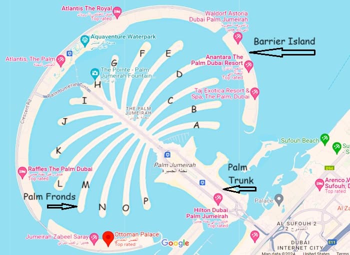 Dubai Palm Tree Island with its lettered fronds and trunk