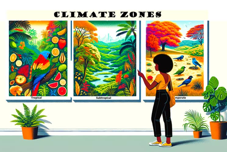 woman standing in a display room with posters illustrating three climate zones
