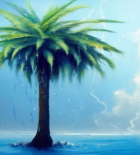 Palm tree inundated with rain and flooding