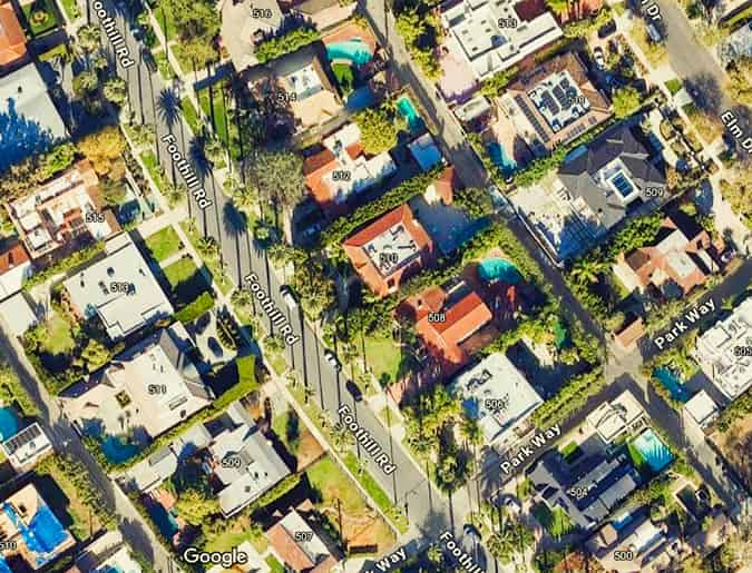 Aerial view of Foothill Road, Beverly Hills, Los Angeles California Aerial view of Foothill Road, Beverly Hills, Los Angeles California