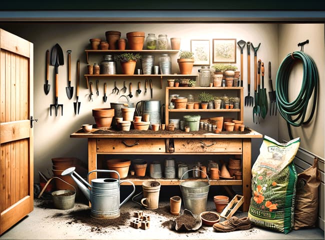 Gardening workbench cluttered with pots, tools and supplies