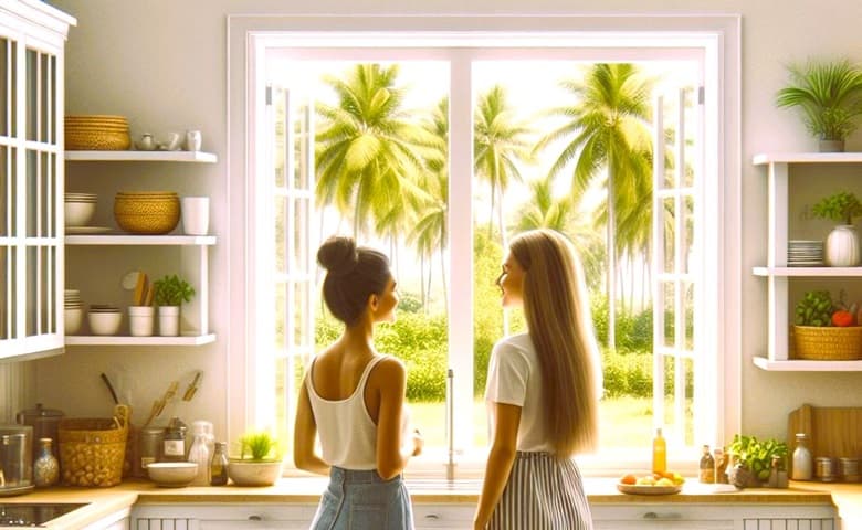 Two friends looking out the kitchen window at a tropical garden while discussing best palm maintenance