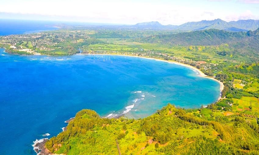 Aerial view of Hanalei Bay in Kauai Hawaii