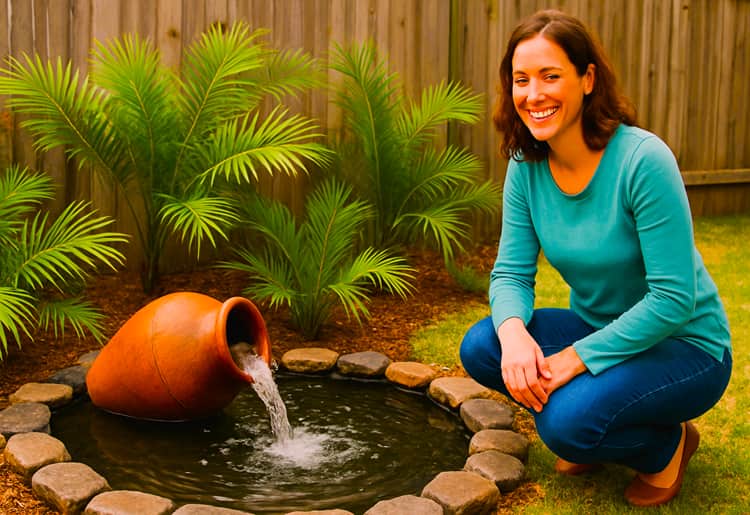 woman happily looking at the backyard pond woman happily looking at the backyard pond