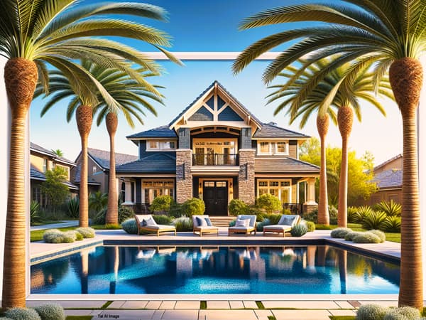 Palms alongside a pool in a home's backyard Palms alongside a pool in a home's backyard