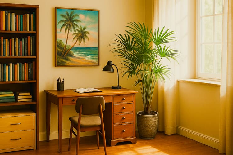 a home office with desk, bookcase and potted palm tree