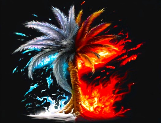 Palm tree suffering opposite effects, one with overwatering, one with heat related drought