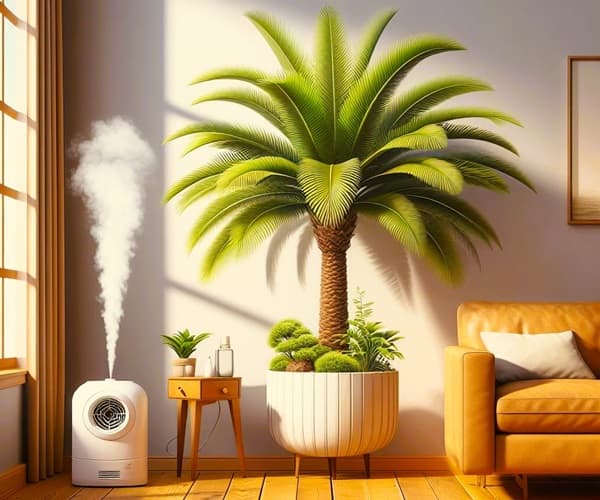 Palm placed indoors near a window is relieved by the nearby humidifier