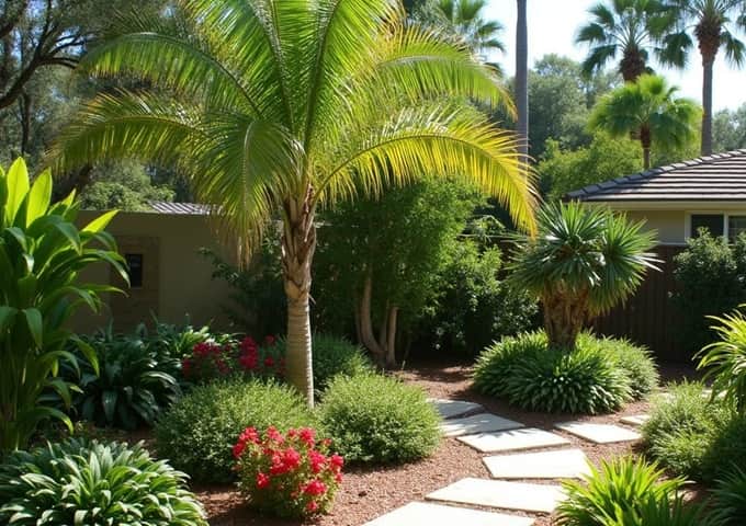 A backyard landscape that has an appearance like a jungle. A backyard landscape that has an appearance like a jungle.