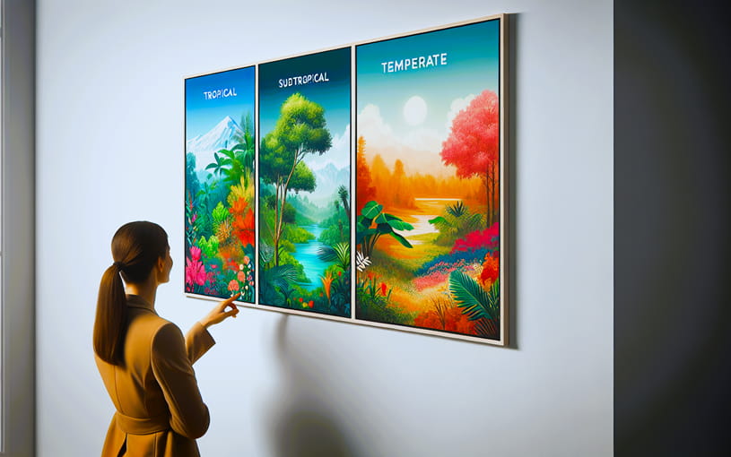 woman looking at posters representing different climate zones