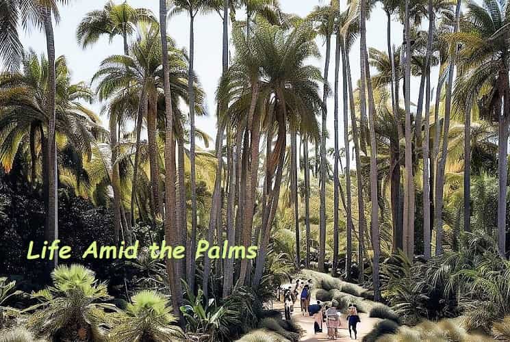 People walking on a pathway in a grove of palm trees People walking on a pathway in a grove of palm trees