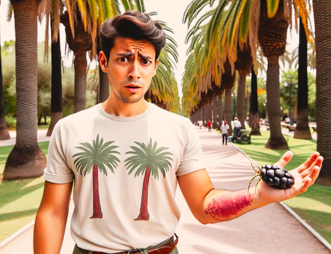 Man in a palm tree t-shirt holds palm fruit that is giving him a rash