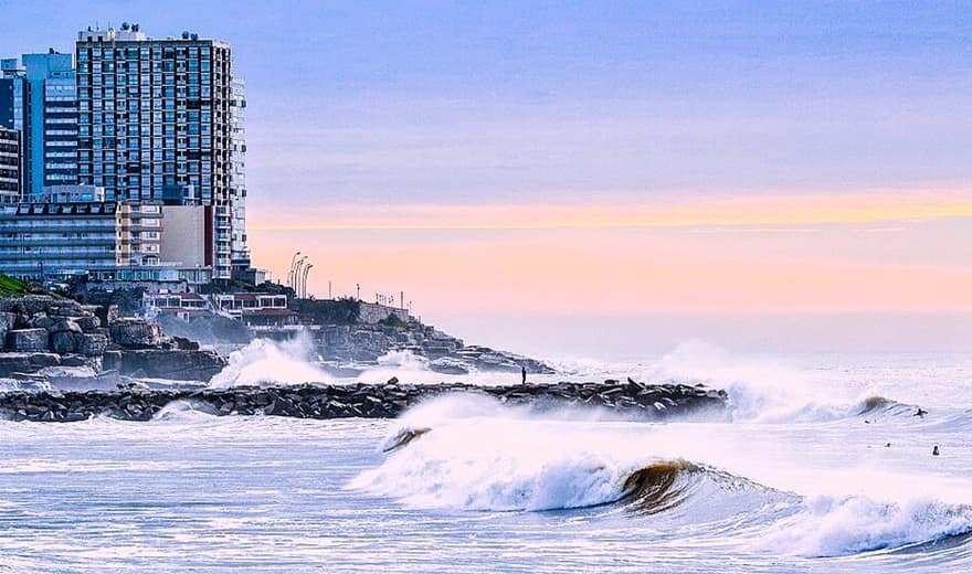 Waves breaking to rush onshore in Mar del Plata Argentina Waves breaking to rush onshore in Mar del Plata Argentina