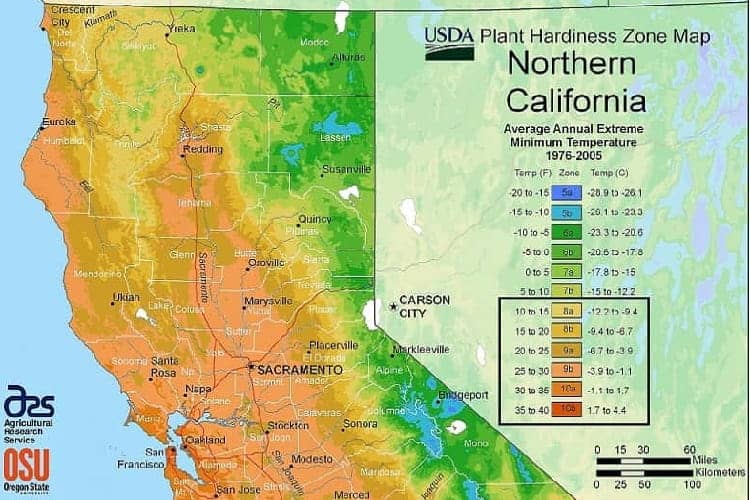Northern California USDA Plant Hardiness Map