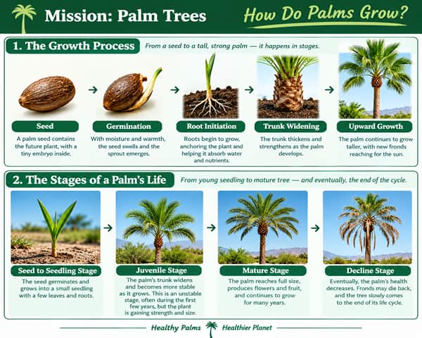 two separate types of stages related to palm tree growth - an infographic