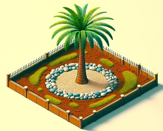 Palm with berm surrounded by rocks in a fenced yard
