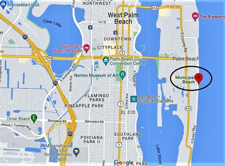 Municipal Beach in Palm Beach map