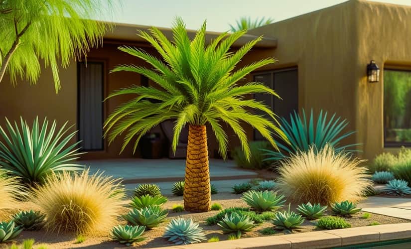 desert home with a palm outdoors surrounded by xeriscape plants