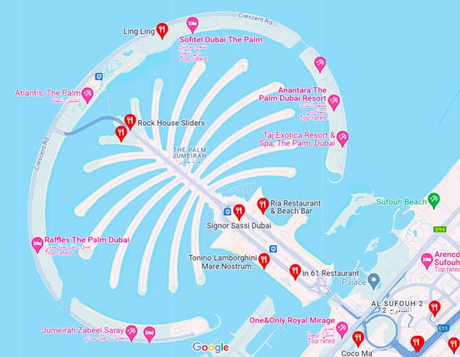 Dubai Palm Tree Island map of Beach Restaurants