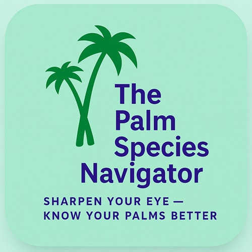 logo for a palm tree newsletter called the Palm Species Navigator with crossed twin palms