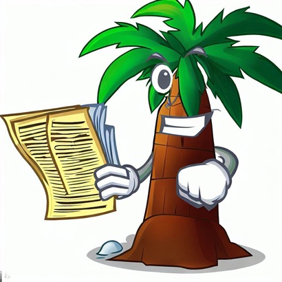 a Funny looking palm cartoon with the palm holding documents