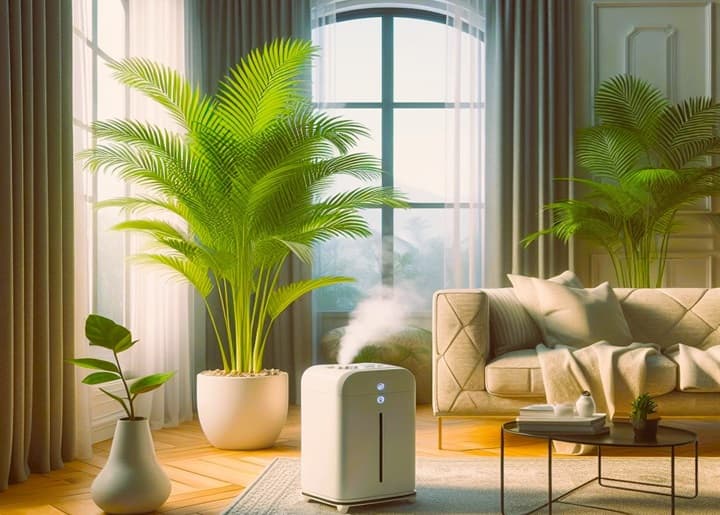 Humidifier giving moisture to a room for a palm tree's benefit