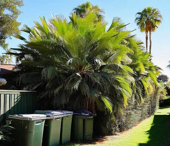 thickly leafed palm hiding  garbage cans