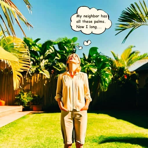Woman in her backyard with palm trees outside her fence dreams about tropical travel
