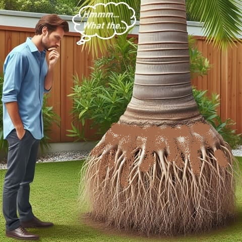 Man puzzled looking at his palm tree with roots coming up above the ground Man puzzled looking at his palm tree with roots coming up above the ground
