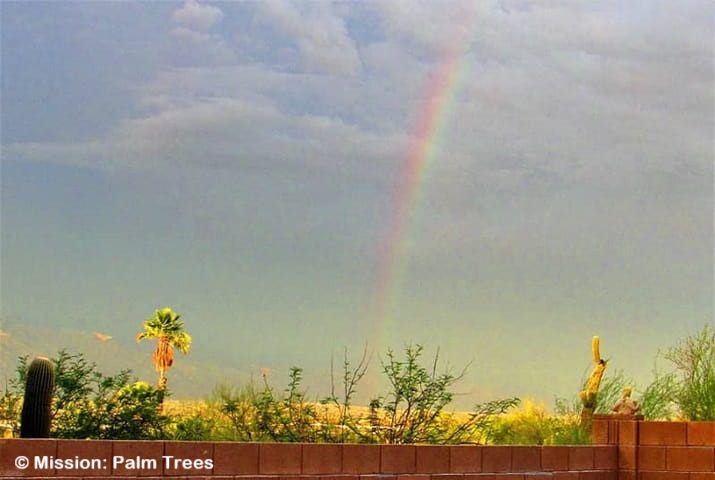 Rainbow forming during winter storm in the desert