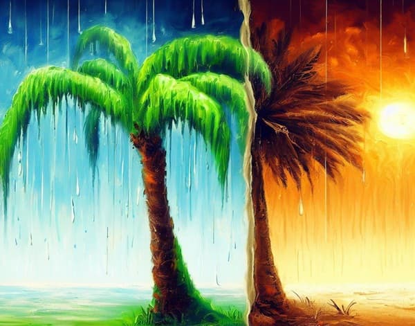 one palm growing in a rain soaked environment, another palm faces extreme heat with the sun bearing down on it