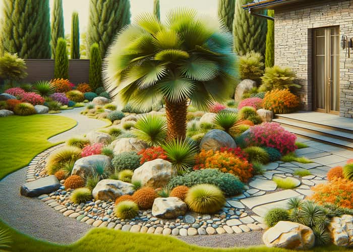 rock garden with a palm tree as the centerpiece in a backyard with flowering plants