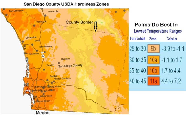 Map of USDA Hardiness zones for growing in San Diego County, California USA Map of USDA Hardiness zones for growing in San Diego County, California USA