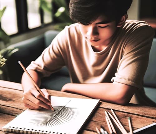 A teenage is sketching a feather palm frond, sitting at a table with a supply of pencils A teenage is sketching a feather palm frond, sitting at a table with a supply of pencils